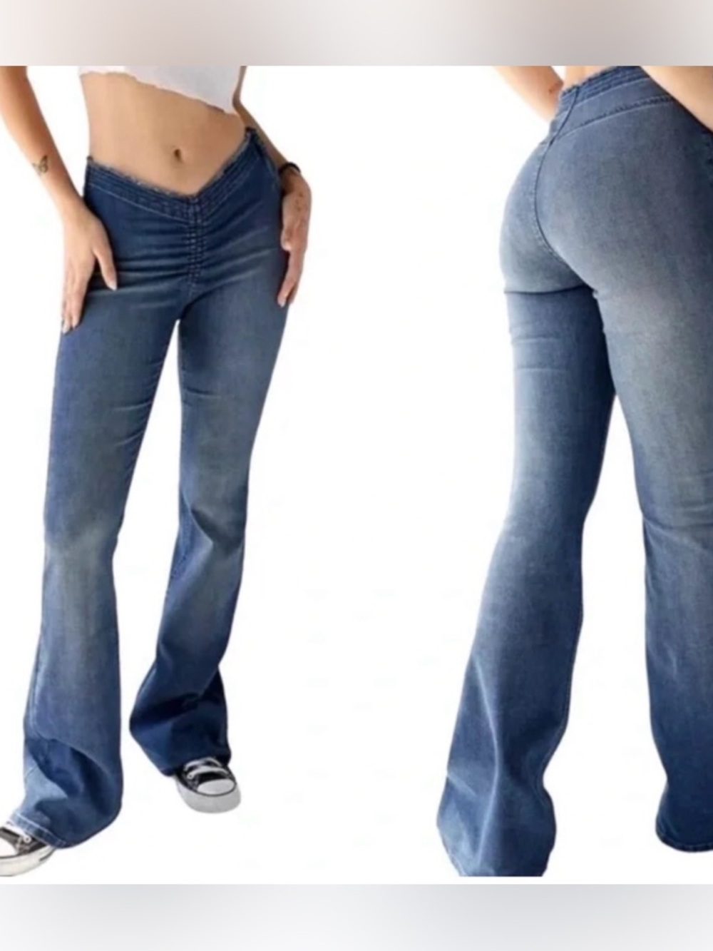 Urban Outfitters BDG Y2K Ruched Dipped V front flare stretchy jeans